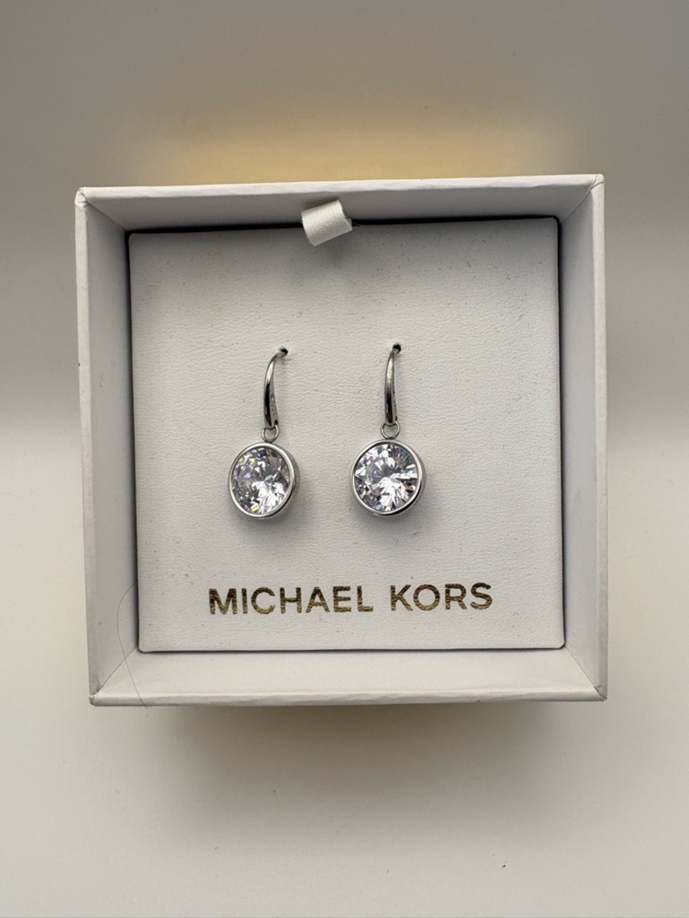 Michael Kors Silver CZ Clear Crystal Bezel Drop Earrings